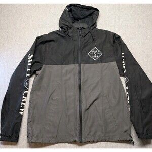 Salty Crew Men Jacket L Black And Gray Windbreaker Full Zip Hooded Pockets